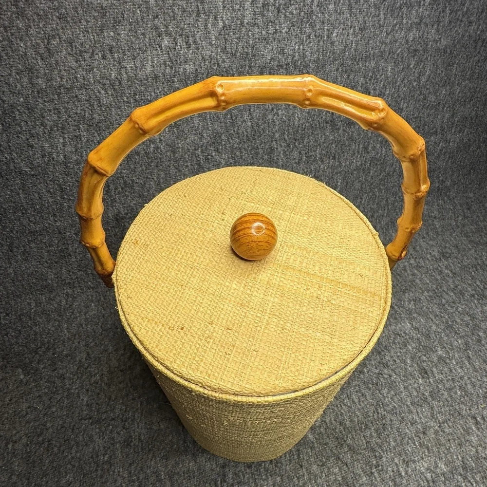 Vintage‎ Wicker Ice Bucket Faux Bamboo Handle Mid Century Barware 15